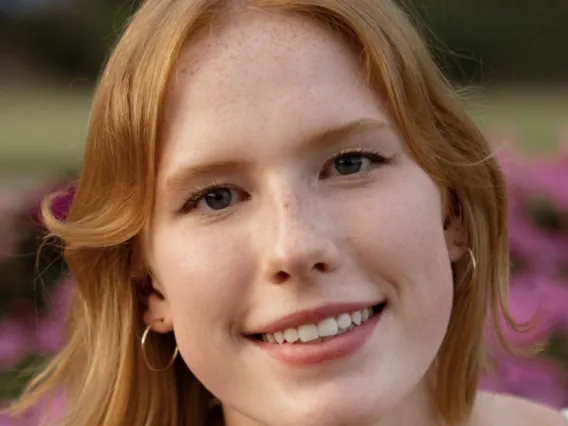 Person with red hair and small pearl necklace smiling
