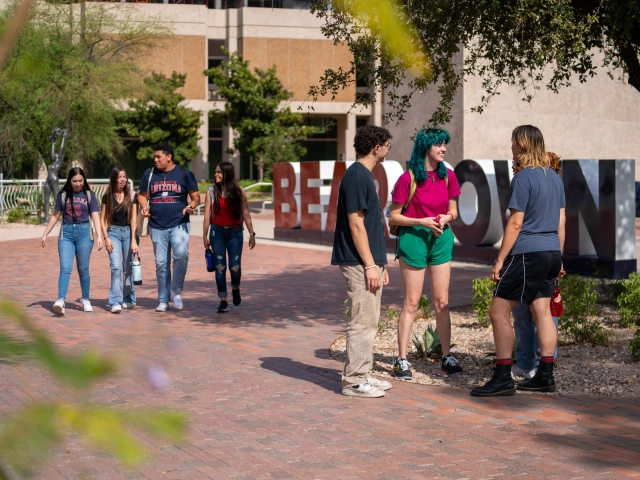 Group of students talking in front of a big Bear Down sign on the U of A Campus